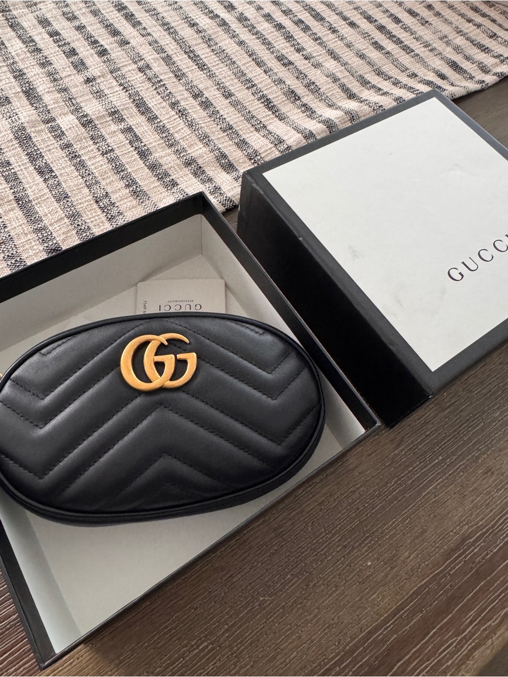 Gucci Black Chevron Quilted Leather Belt Bag with Gold GG